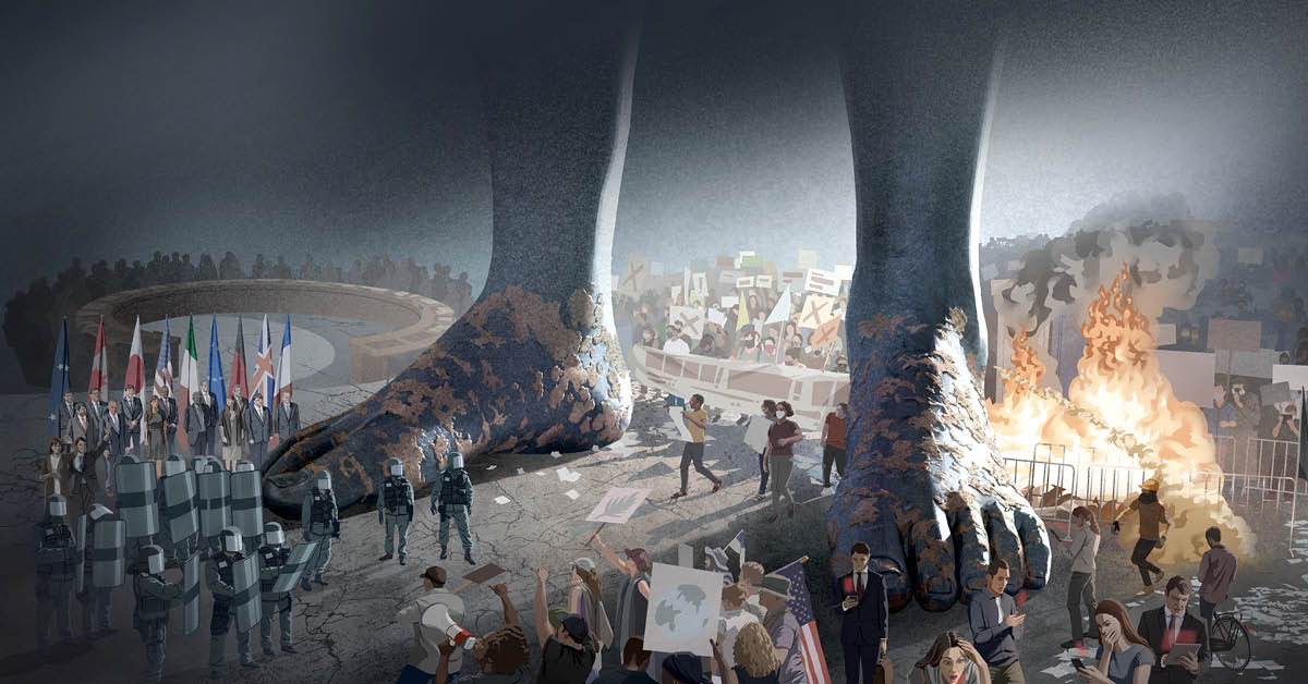 Die Füße aus Eisen und Ton der riesigen Statue aus der Vision von Daniel. Um die Füße herum sieht man Menschen bei Protesten und Unruhen, Einsatzkräfte mit Schutzschilden, führende Politiker bei einem Treffen und eine Sitzung der Vereinten Nationen.
