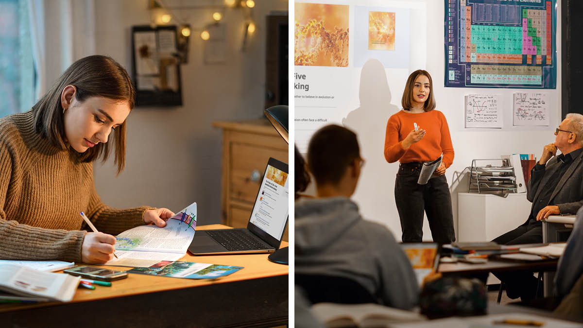 Collage: 1. Eine junge Schwester stellt in den Broschüren „Das Leben: Reiner Zufall?“ und „Der Ursprung des Lebens: Fünf Fragen kritisch beleuchtet“ Nachforschungen an. 2. Die Schwester hält vor der Klasse eine Präsentation.