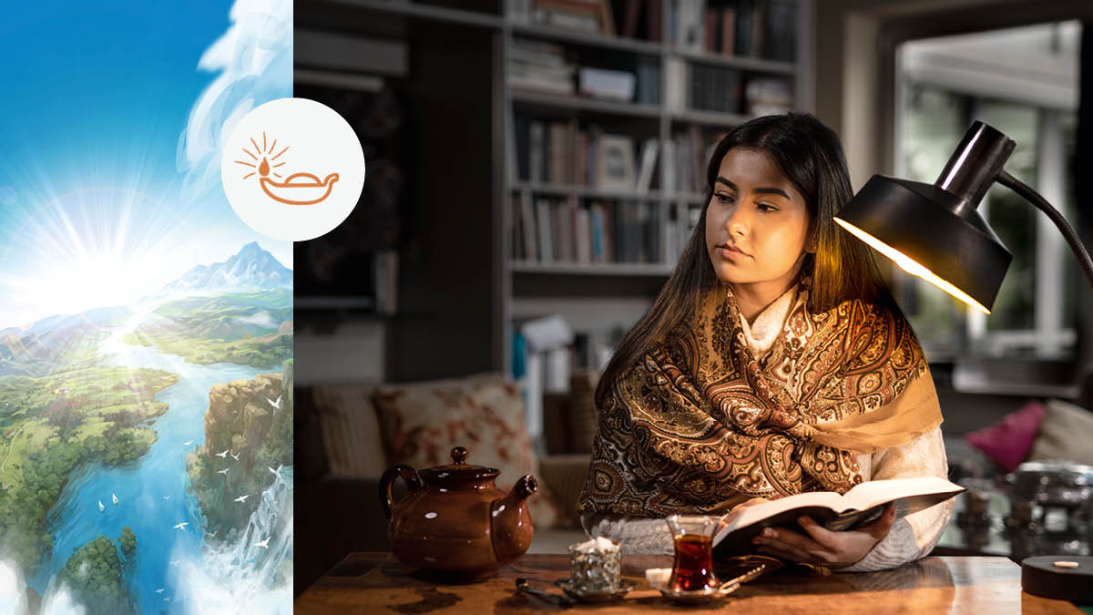 Collage: Piktogramm einer Lampe. 1. Eine paradiesische Erde mit Bergen, grünen Tälern und einem Fluss. 2. Eine junge Frau denkt über das, was sie in der Bibel gelesen hat, nach.