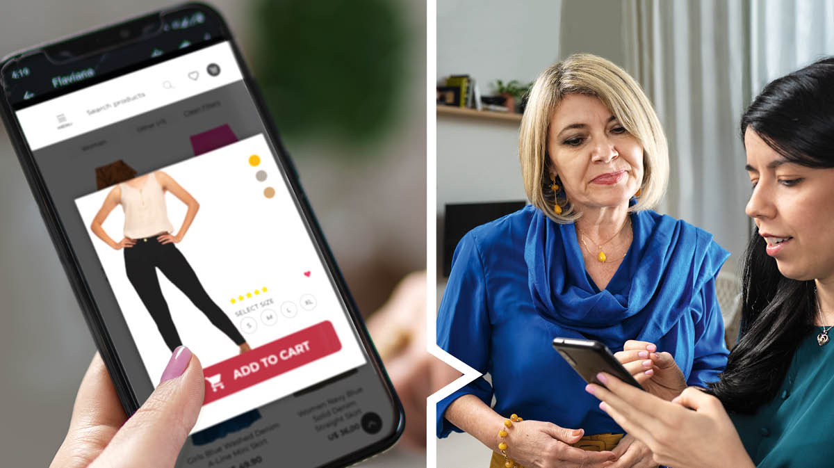 Collage: 1. Eine junge Schwester beim Online-Shoppen. Sie schaut sich ein tief ausgeschnittenes Top und eine enge Hose an. 2. Die junge Schwester zeigt einer reifen Freundin, was sie sich gerne kaufen möchte.