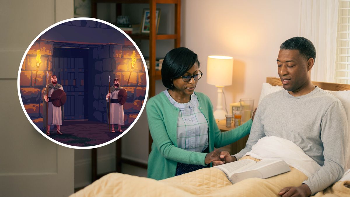 Eine Schwester hält die Hand ihres Mannes, während er auf seinem Krankenbett ein Gebet spricht. Auf dem Nachttisch neben ihm sind Medikamente zu sehen. Auf dem kleinen Bild sieht man zwei Wächter vor einem Stadttor.