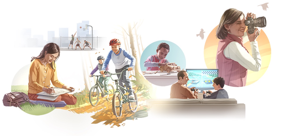 Fotos de personas de distintas edades disfrutando de entretenimiento sano: 1. Una jovencita escuchando música mientras dibuja. 2. Tres muchachos jugando básquet. 3. Dos niños en bicicleta. 4. Un niño armando un auto de juguete. 5. Un hombre tocando un tambor. 6. Un niño y su padre jugando un videojuego. 7. Una mujer tomando fotografías.