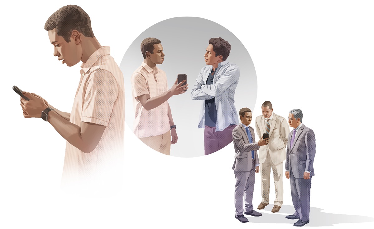 Dibujos de un hermano que ayuda a otro que hizo algo malo: 1. El hermano escandalizado por las imágenes que está viendo en su teléfono. 2. El hermano mostrándole el teléfono al otro hermano. Este rechaza el consejo que le da. 3. El hermano enseñándoles el teléfono a dos ancianos y hablando con ellos.