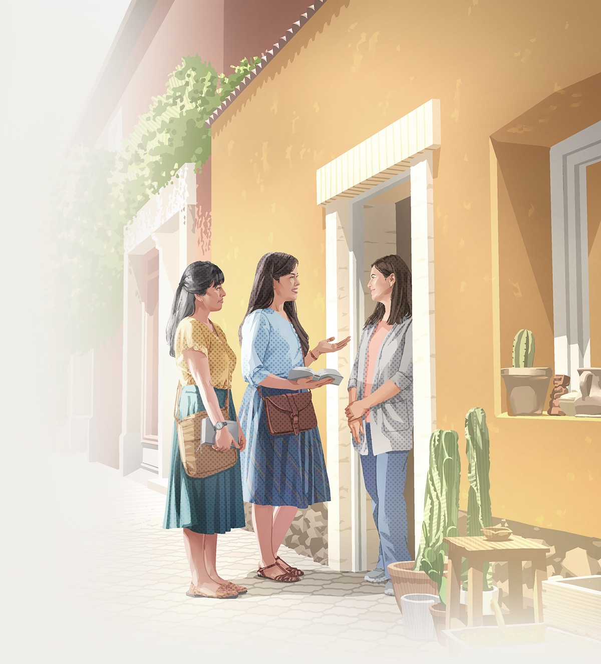Una estudiante de la Biblia y su maestra predicándole a una mujer delante de su puerta.