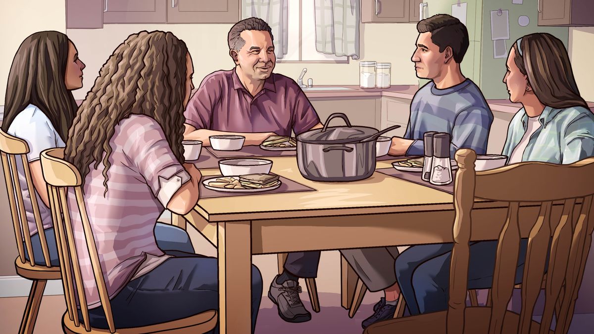 Una imagen del video “Sigan la ruta que lleva a la paz en la familia. Tengan una buena comunicación”. La familia disfruta de una comida.