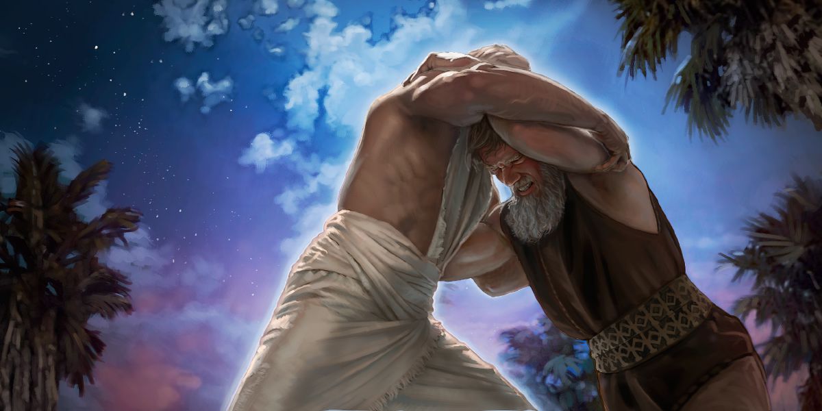 Jacob luchando cuerpo a cuerpo con un ángel materializado
