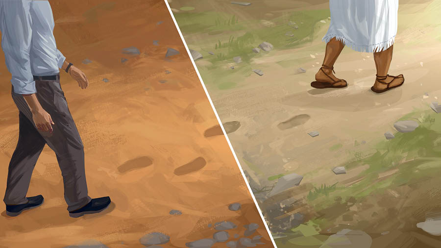 Serie de imágenes: 1. Jesús va dejando huellas al caminar. 2. Un hombre de la actualidad va pisando en las huellas que Jesús dejó.
