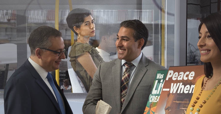 An inactive sister riding in a bus and looking sadly at two Witnesses with a public witnessing cart. The Witnesses converse happily with a man.