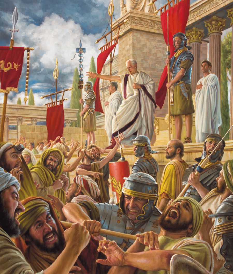 Ο Γαλλίων απορρίπτει την υπόθεση του Παύλου μπροστά στους εξαγριωμένους κατηγόρους του Παύλου. Ρωμαίοι στρατιώτες προσπαθούν να ελέγξουν το πλήθος των οργισμένων αντρών.