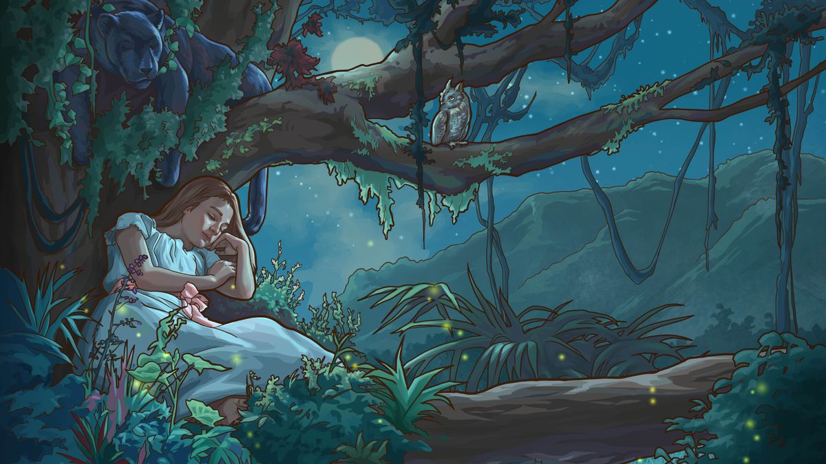 Ένα κορίτσι κοιμάται ήσυχα κάτω από ένα δέντρο του δάσους τη νύχτα. Ένας πάνθηρας ξεκουράζεται στο δέντρο από πάνω της.