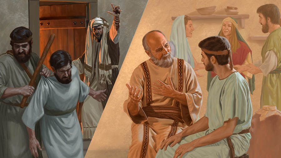 Κολάζ: 1. Ο Παύλος, ως Φαρισαίος, διατάζει τη σύλληψη ενός Χριστιανού. 2. Ο Παύλος, ως Χριστιανός, ενθαρρύνει έναν νεαρό αδελφό.