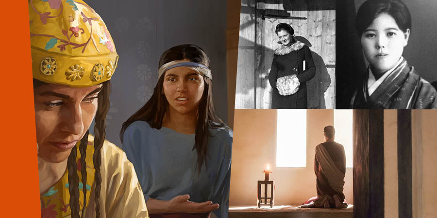 Collage: 1. The captive Israelite girl talks to her master’s wife. 2. Ella Toom when young. 3. Matsue Ishii when young. 4. Daniel prays as he looks out a window.