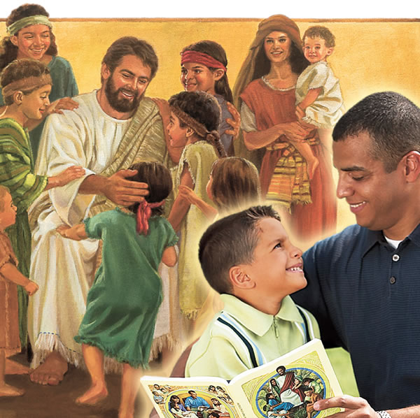 1. Jesus making time for children; 2. A father discussing the Learn From the Great Teacher book with his son