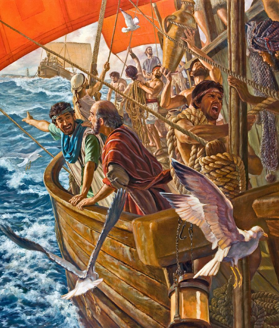 The apostle Paul and Timothy standing on a ship’s upper deck. Timothy points to something in the distance as the ship’s crew works.