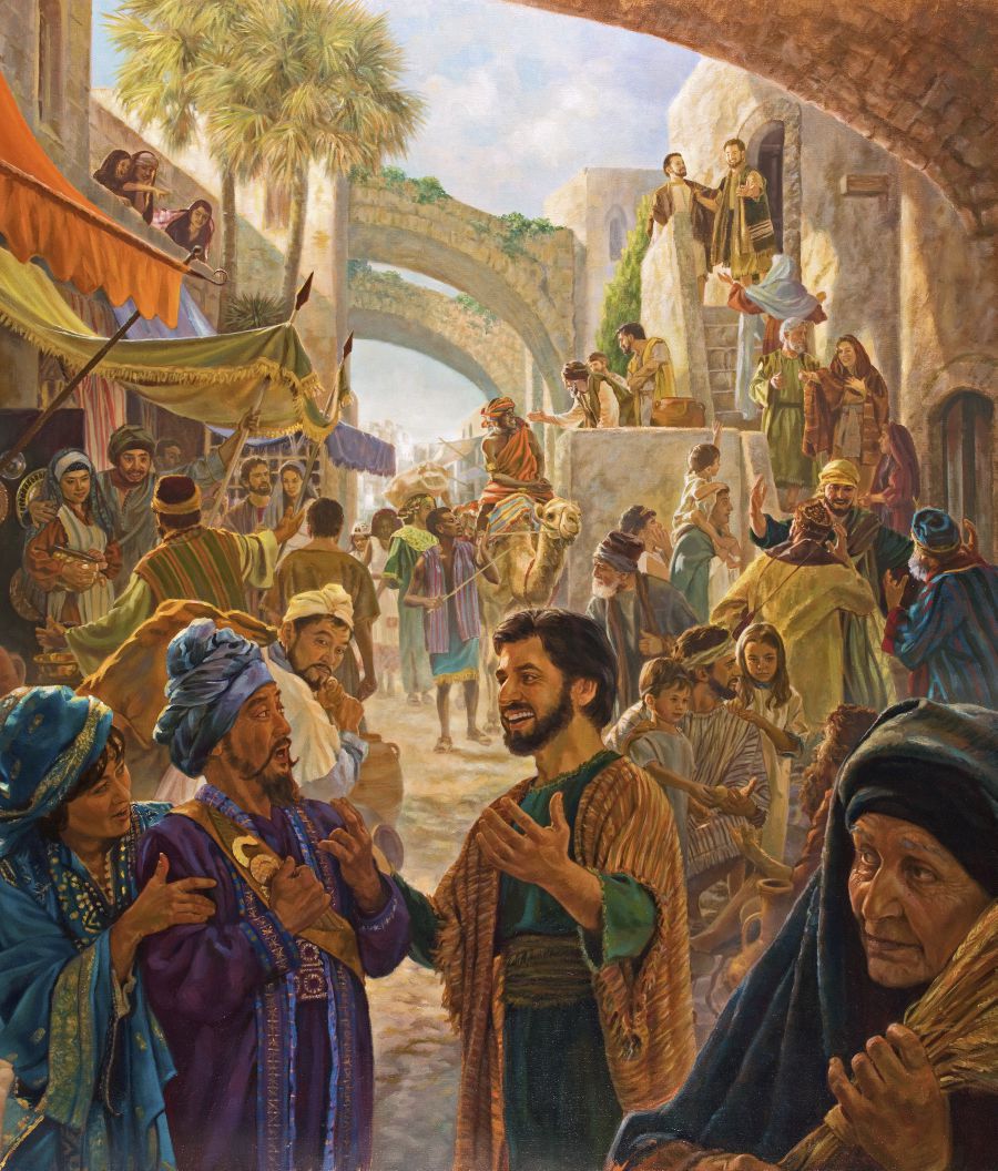 Jesus’ disciples preaching to Jews and proselytes on a busy street.