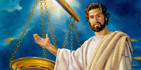 Jesus standing in front of a pair of measuring scales.