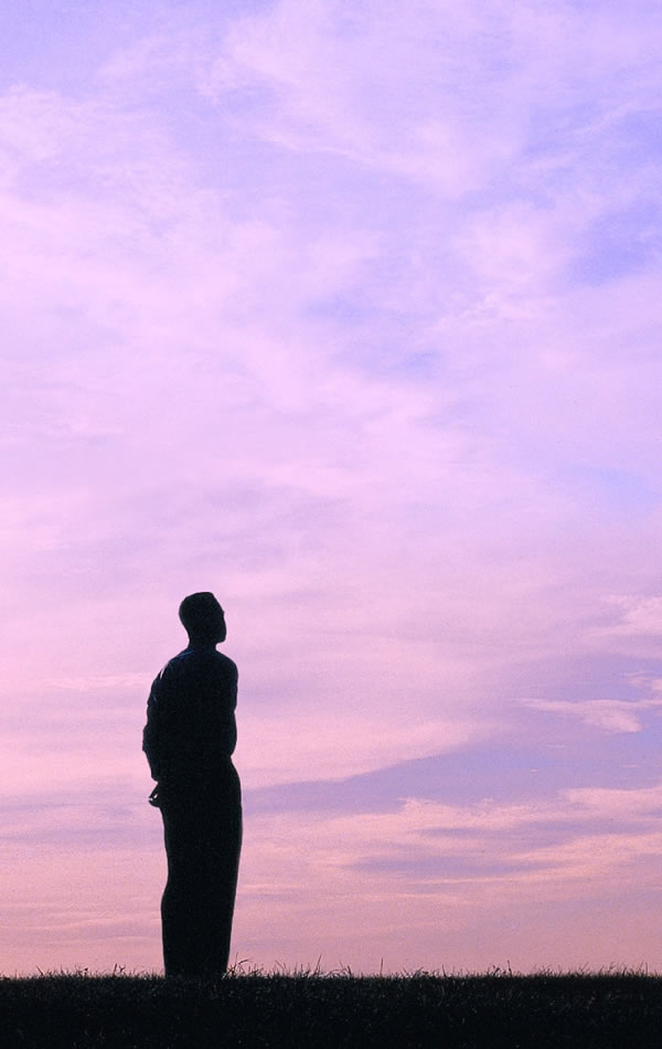 A brother gazing at a colorful evening sky.
