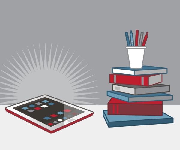 An electronic tablet and a stack of textbooks