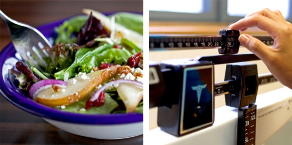 1. A healthy salad; 2. Measuring a person’s weight on a scale