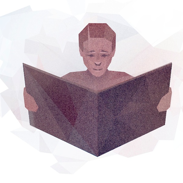 A person with a concerned face reading a large book