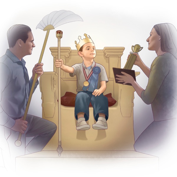 Parents offer excessive praise to their son as he sits on a throne