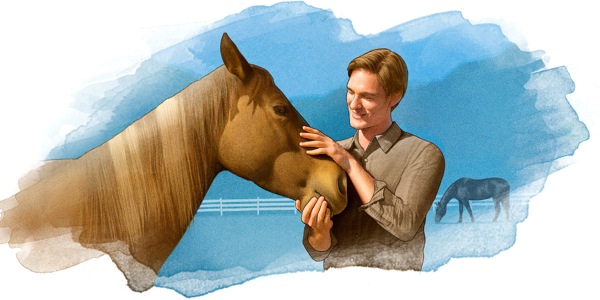 A man pets a horse