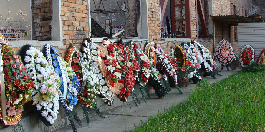 Memorial wreaths outside the Beslan school gymnasium