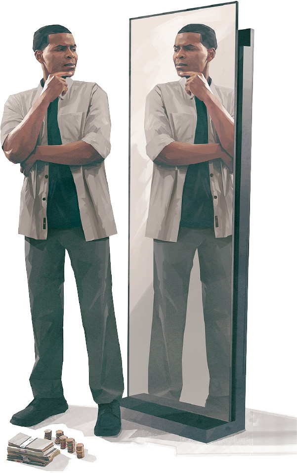 A man, with money stacked beside him, examines himself in a mirror
