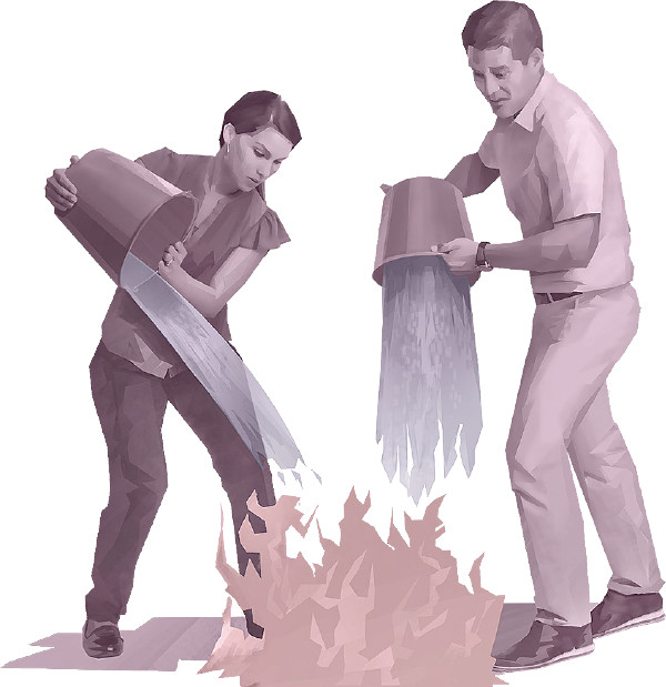 A husband and wife pour buckets of water on flames of fire