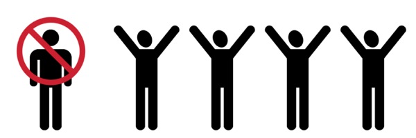 One person crossed out and four other people raising their hands