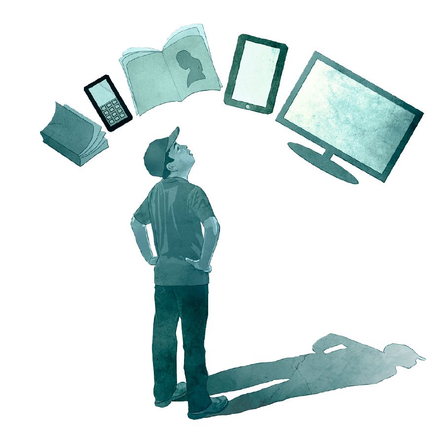 A boy looks at various ways to receive information—the Bible, a book, and electronic devices
