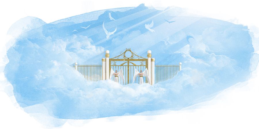 An artist’s conception of a heavenly scene with two angels standing at a gate