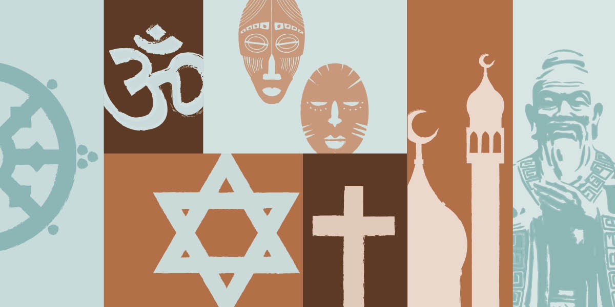 Religious symbols representing Buddhism, Hinduism, tribal religions, Judaism, Christianity, Islam, and Confucianism.