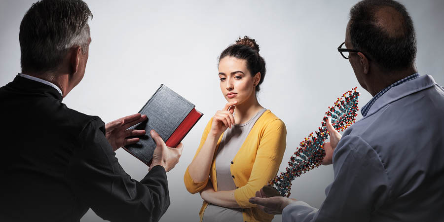 A woman inquisitively looking at a clergyman holding a Bible and at a scientist holding a model of DNA.