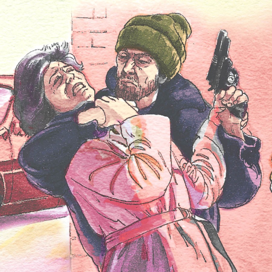 A man holds up a woman at gunpoint
