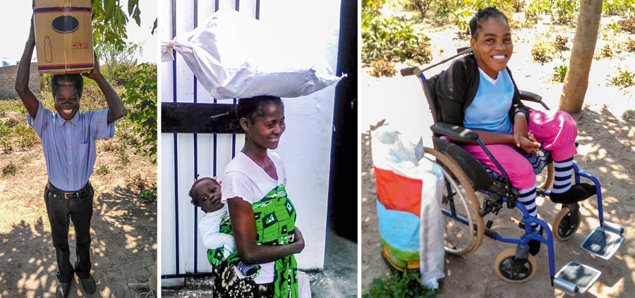 Collage: 1. A brother carries a box of relief supplies on his head. 2. A sister carries a small child on her back and a large bag of relief supplies on her head. 3. A sister sits in a wheelchair with a bag of relief supplies beside her.