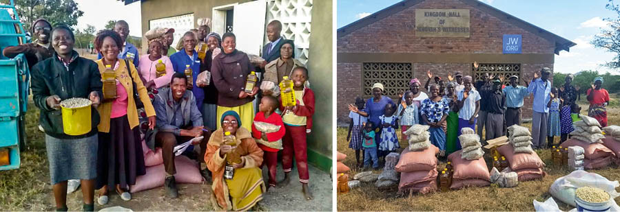 Collage: 1. Brothers and sisters smile as they hold their food supplies. 2. Brothers and sisters stand outside a Kingdom Hall with their food supplies in front of them.