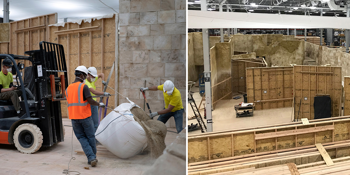Collage: Construction of a video set for a feature Bible drama. 1. Brothers pour crushed stone on the floor to simulate the ground. 2. Wood-framed structures are covered with a faux finish that mimics stone.