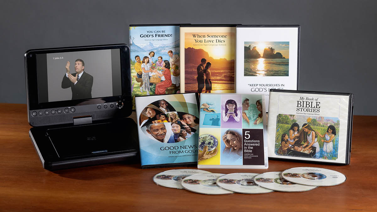 A portable DVD player and a variety of sign-language publications on DVD.