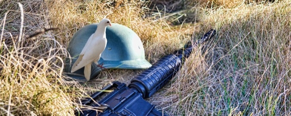A dove, a military helmet, and a weapon of war