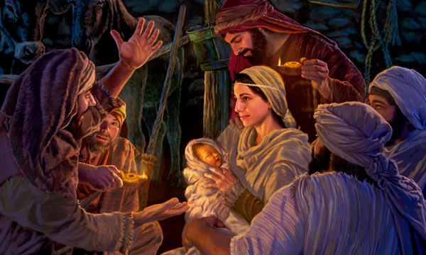 In the stable, Mary holds baby Jesus while she and Joseph listen to the shepherds