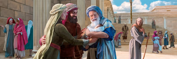 Mary and Joseph at the temple, Simeon holds baby Jesus and the prophetess Anna looks on