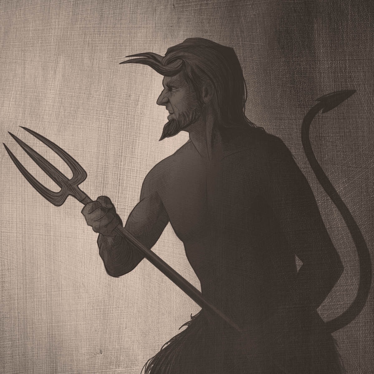 A popular depiction of the Devil holding a pitchfork. He has the appearance of a goatlike creature with horns and a tail.