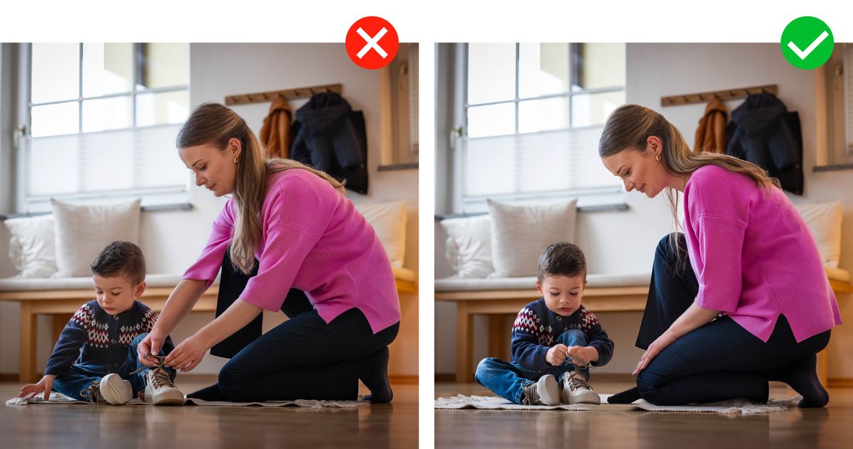 Collage: Contrasting scenes of a mother and her young son. 1. She ties his shoelaces for him. 2. She sits next to him while he ties his own shoelaces.