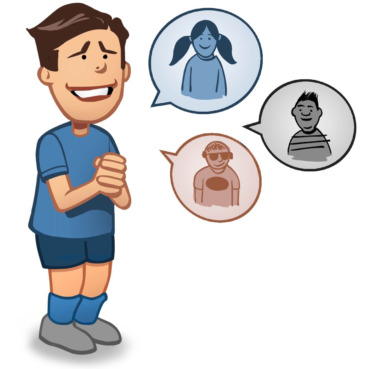 A teenage boy pleading. Speech bubbles next to him show three other teenagers.