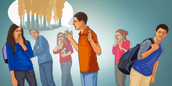 A group of teenagers shrink back in disgust as a teenage boy spews curse words like toxic fumes coming out of a factory.