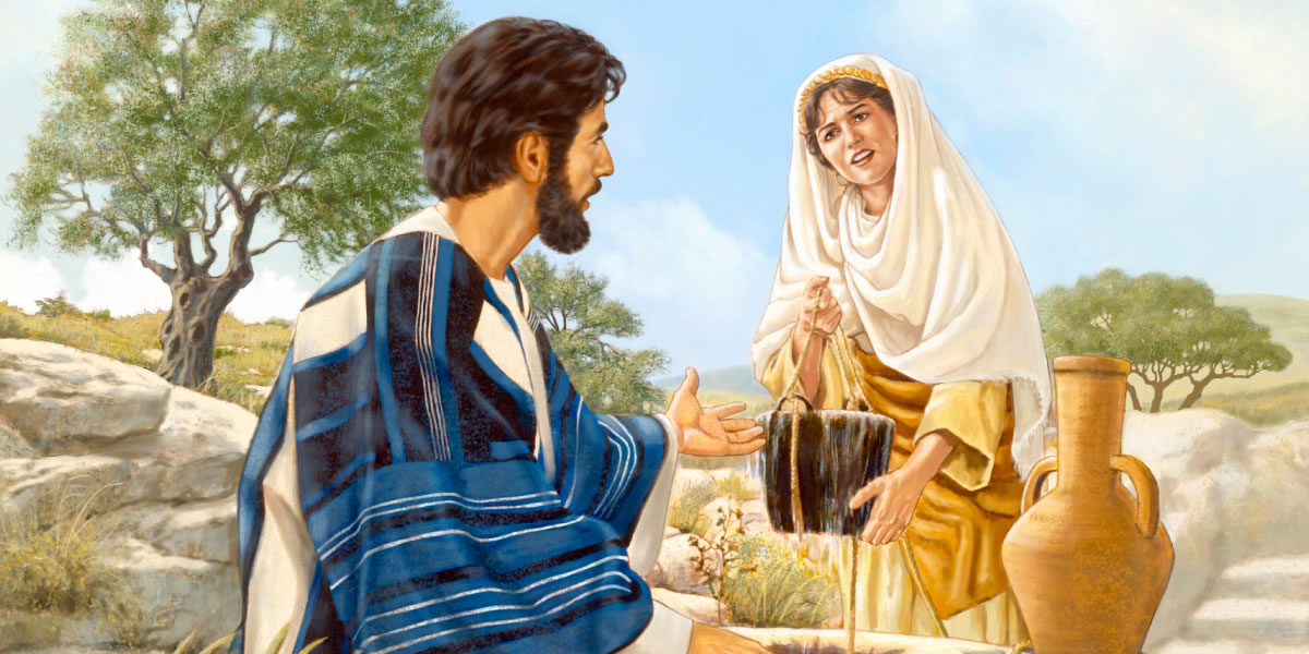 Jesus talks to a Samaritan woman at a well