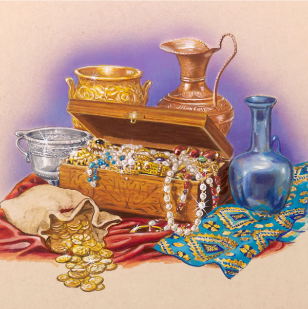 An overflowing jewelry box, gold coins, silver and gold pitchers