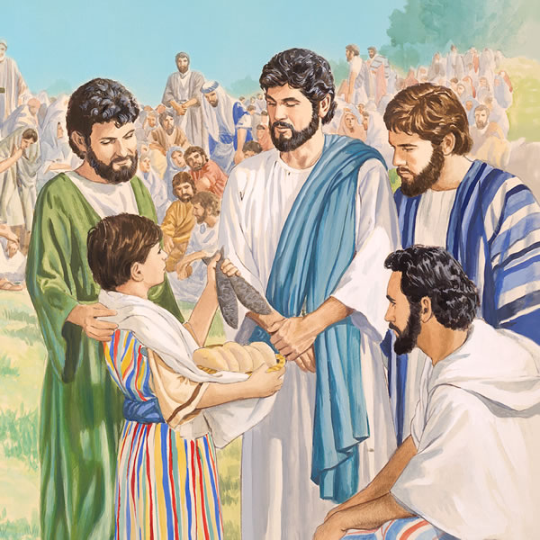 Jesus speaks with the little boy who has the five loaves and two small fish