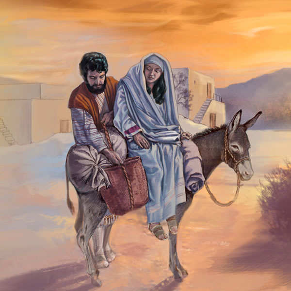 Mary sits on a donkey and Joseph puts baggage on it